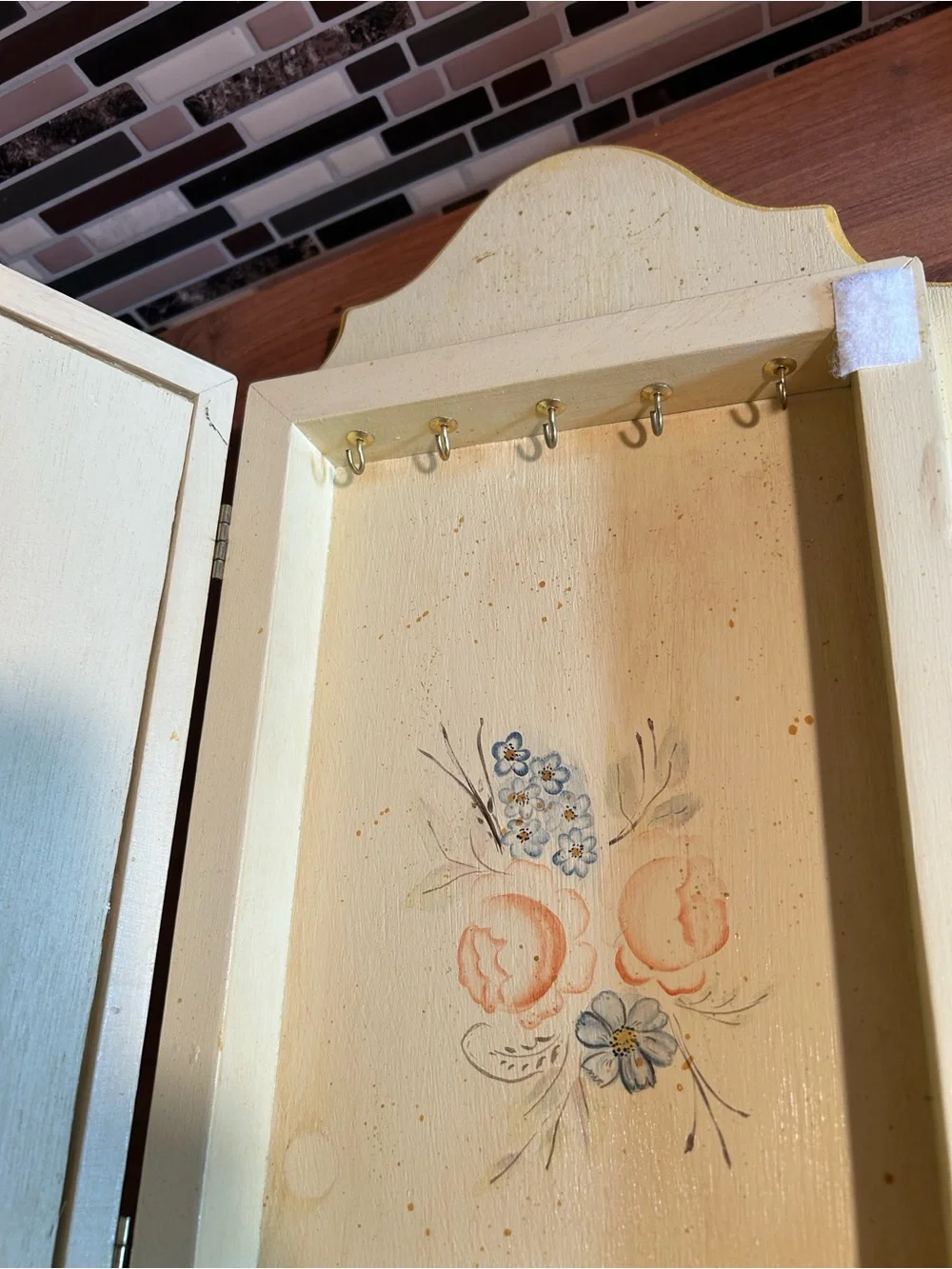 Hand-Painted Floral Wall Jewelry Hanger Cabinet in Soft Yellow and Peach Pink
